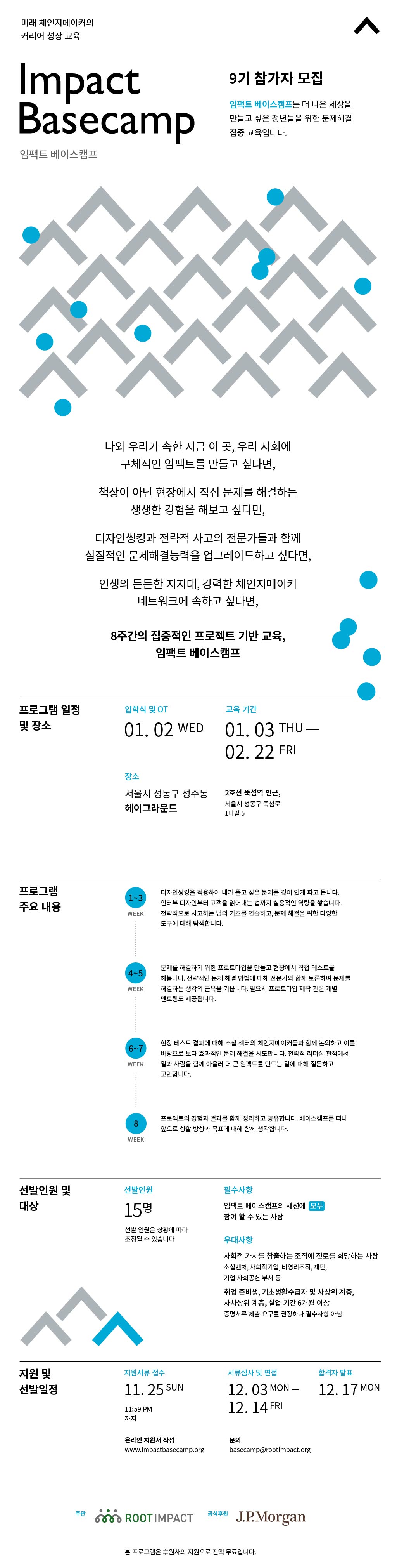 미래 체인지메이커의 커리어 성장 교육 - Impact Basecamp 임팩트 베이스캠프 - 9기 참가자 모집 - 임팩트 베이스캠프는 더 나은 세상을 만들고 싶은 청년들을 위한 문제해결 집중 교육입니다. - 나와 우리가 속한 지금 이 곳, 우리 사회에 구체적인 임팩트를 만들고 싶다면, 책상이 아닌 현장에서 직접 문제를 해결하는 생생한 경험을 해보고 싶다면, 디자인씽킹과 전략적 사고의 전문가들과 함께 실질적인 문제해결능력을 업그레이드하고 싶다면, 인생의 든든한 지지대, 강력한 체인지메이커 네트워크에 속하고 싶다면, 8주간의 집중적인 프로젝트 기반 교육, 임팩트 베이스캠프 - 프로그램 일정 및 장소 : 입학식 및 OT 01. 02 WED - 교육 기간 01. 03 THU-02. 22 FRI - 장소 : 서울시 성동구 성수동 헤이그라운드 (2호선 뚝섬역 인근, 서울시 성동구 뚝섬로 1나길 5) - 프로그램 주요 내용 : 1~3 WEEK 디자인씽킹을 적용하여 내가 풀고 싶은 문제를 깊이 있게 파고 듭니다. 인터뷰 디자인부터 고객을 읽어내는 법까지 실용적인 역량을 쌓습니다. 전략적으로 사고하는 법의 기초를 연습하고, 문제 해결을 위한 다양한 도구에 대해 탐색합니다. - 4~5 WEEK  문제를 해결하기 위한 프로토타입을 만들고 현장에서 직접 테스트를 해봅니다. 전략적인 문제 해결 방법에 대해 전문가와 함께 토론하며 문제를 해결하는 생각의 근육을 키웁니다. 필요시 프로토타입 제작 관련 개별멘토링도 제공됩니다. - 6~7 WEEK  현장 테스트 겨로가에 대해 소셜 섹터의 체인지메이커들과 함께 논의하고 이를 바탕으로 보다 효과적인 문제 해결을 시도합니다. 전략적 리더십 관점에서 일과 사람을 함께 아울러 더 큰 임팩트를 만드는 길에 대해 질문하고 고민합니다. - 8 WEEK 프로젝트의 경험과 결과를 함께 정리하고 공유합니다. 베이스캠프를 떠나 앞으로 향할 방향과 목표에 대해 함께 생각합니다. - 선발인원 및 대상 : 선발인원 15명 선발 인원은 상황에 따라 조정될 수 있습니다. - 필수사항 임팩트 베이스캠프의 세션에 모두 참여 할 수 있는 사람 - 우대사항 : 사회적 가치를 창출하는 조직에 진로를 희망하는 사람 소셜벤처, 사회적기업, 비영리조직, 재단, 기업 사회공헌 부서 등. 취업 준비생, 기초생활수급자 및 차상위 계층, 차차상위 계층, 실업 기간 6개월 이상. 증명서류 제출 요구를 권장하나 필수사항 아님 - 지원 및 선발일정 : 지원서류 접수 11. 25 SUN 11:59 PM까지 - 서류심사 및 면접 12. 03 MON - 12. 14 FRI - 합격자 발표 12. 17 MON - 온라인 지원서 작성 www.impactbasecamp.org 문의 basecamp@rootimpact.org