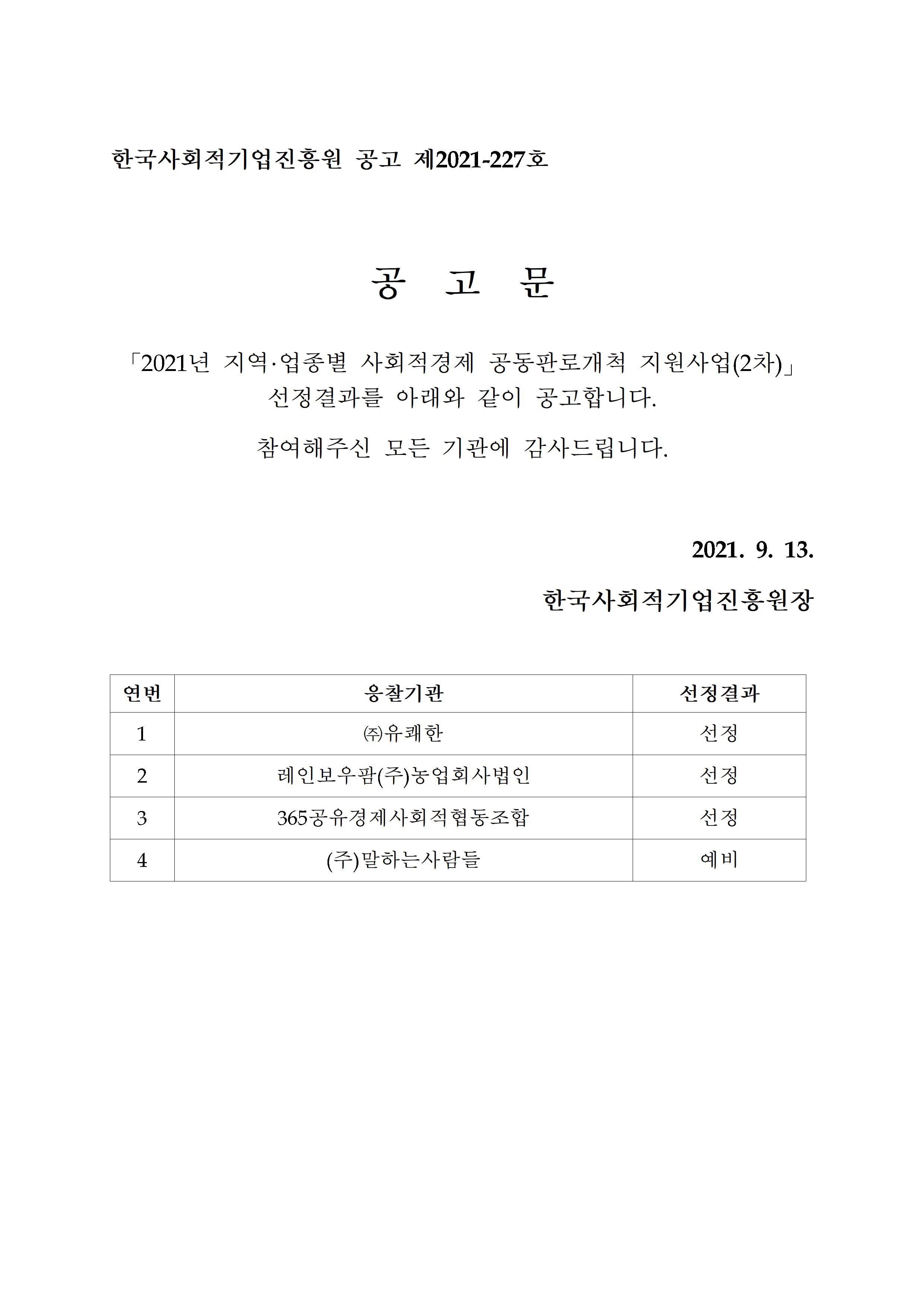 2021년 지역/업종별 사회적경제 공동판로개척 지원사업(2차) 선정결과 정보