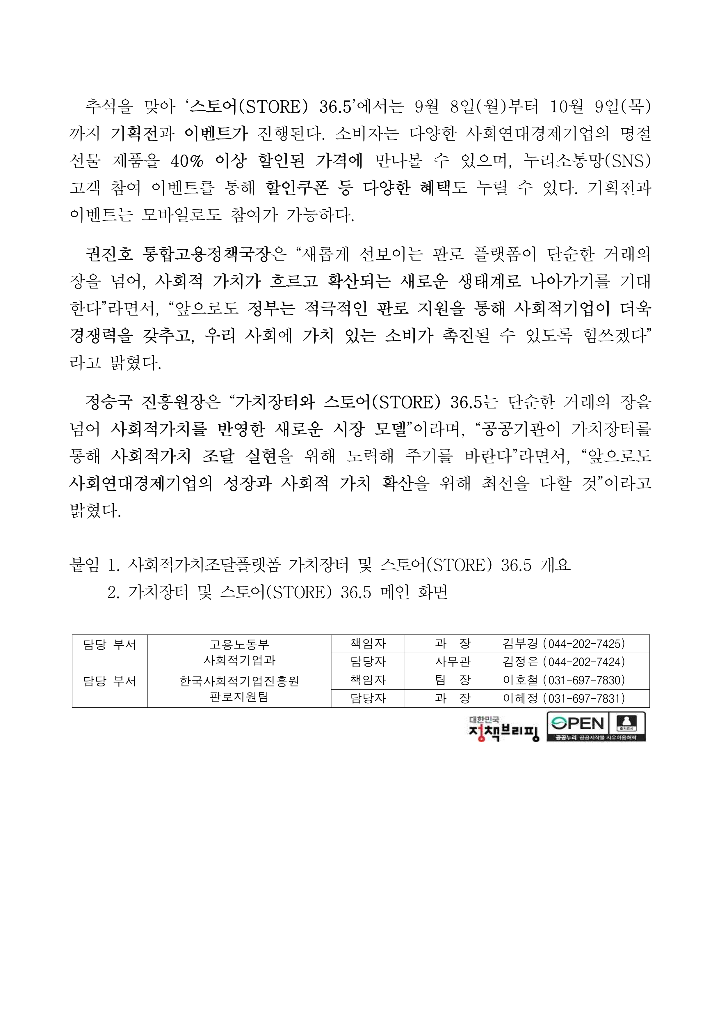 추석을 맞아 ‘스토어(STORE) 36.5’에서는 9월 8일(월)부터 10월 9일(목)까지 기획전과 이벤트가 진행된다. 소비자는 다양한 사회연대경제기업의 명절선물 제품을 40% 이상 할인된 가격에 만나볼 수 있으며, 누리소통망(SNS) 고객 참여 이벤트를 통해 할인쿠폰 등 다양한 혜택도 누릴 수 있다. 기획전과 이벤트는 모바일로도 참여가 가능하다. 권진호 통합고용정책국장은 “새롭게 선보이는 판로 플랫폼이 단순한 거래의 장을 넘어, 사회적 가치가 흐르고 확산되는 새로운 생태계로 나아가기를 기대한다”라면서, “앞으로도 정부는 적극적인 판로 지원을 통해 사회적기업이 더욱 경쟁력을 갖추고, 우리 사회에 가치 있는 소비가 촉진될 수 있도록 힘쓰겠다”라고 밝혔다. 정승국 진흥원장은 “가치장터와 스토어(STORE) 36.5는 단순한 거래의 장을 넘어 사회적가치를 반영한 새로운 시장 모델”이라며, “공공기관이 가치장터를 통해 사회적가치 조달 실현을 위해 노력해 주기를 바란다”라면서, “앞으로도 사회연대경제기업의 성장과 사회적 가치 확산을 위해 최선을 다할 것”이라고 밝혔다. 붙임 1. 사회적가치조달플랫폼 가치장터 및 스토어(STORE) 36.5 개요 2. 가치장터 및 스토어(STORE) 36.5 메인 화면 담당 부서 고용노동부 사회적기업과-책임자 과장 김부경 (044-202-7425), 담당자 사무관 김정은 (044-202-7424) / 한국사회적기업진흥원 판로지원팀-책임자 팀장 이호철 (031-697-7830), 담당자 과장 이혜정 (031-697-7831)